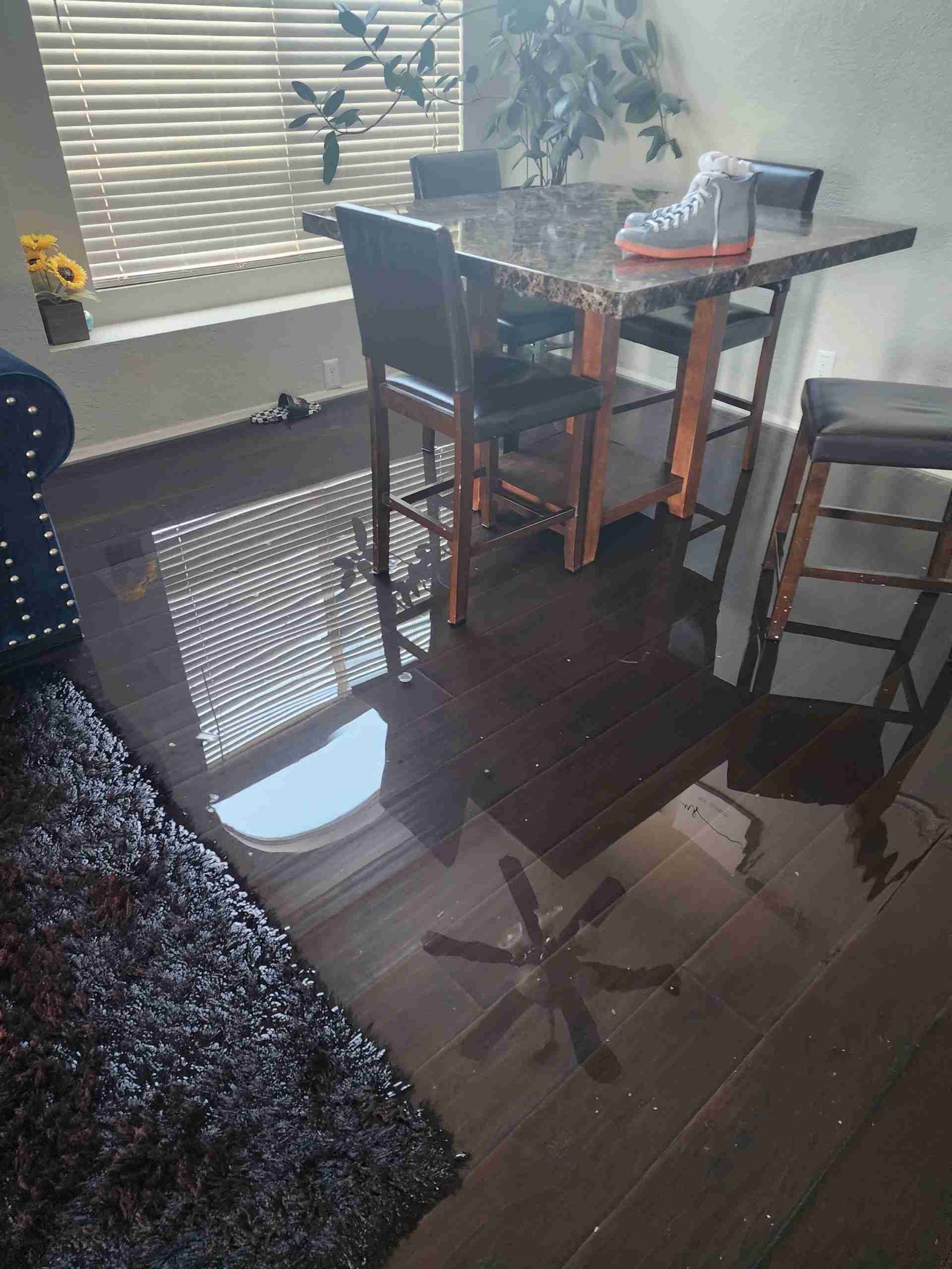 Water Damage Restoration 1 Standing water inside a Southern California home during emergency water damage restoration